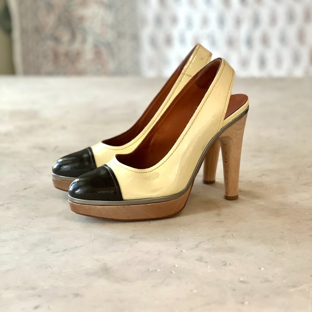 Lanvin Black and White Patent Leather Cap Toe Wood Platform Pumps